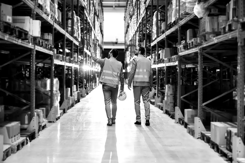 Two people walking a warehouse aisle