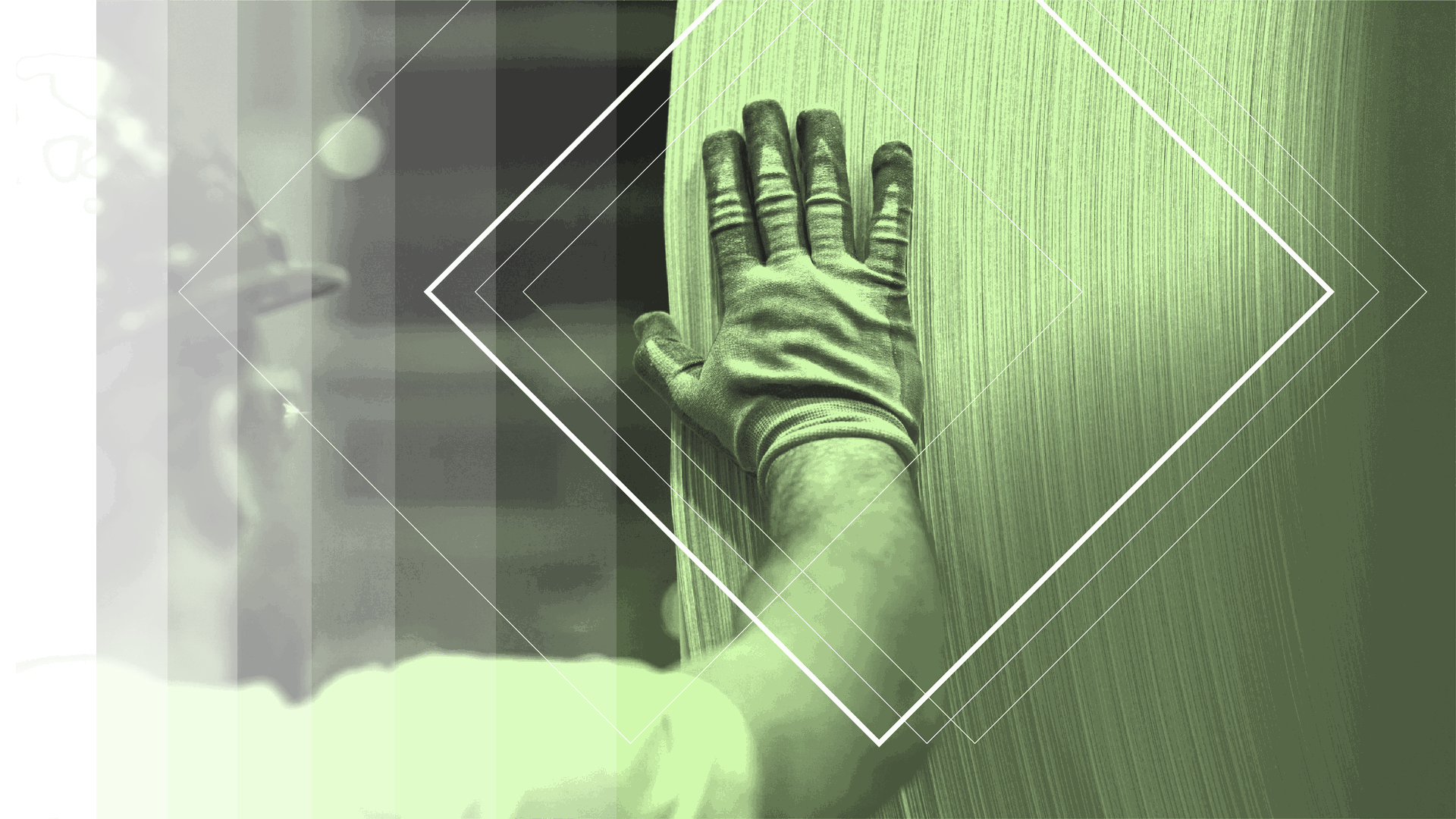 A gloved hand on a roll of material, framed by the Abelara diamond line treatment